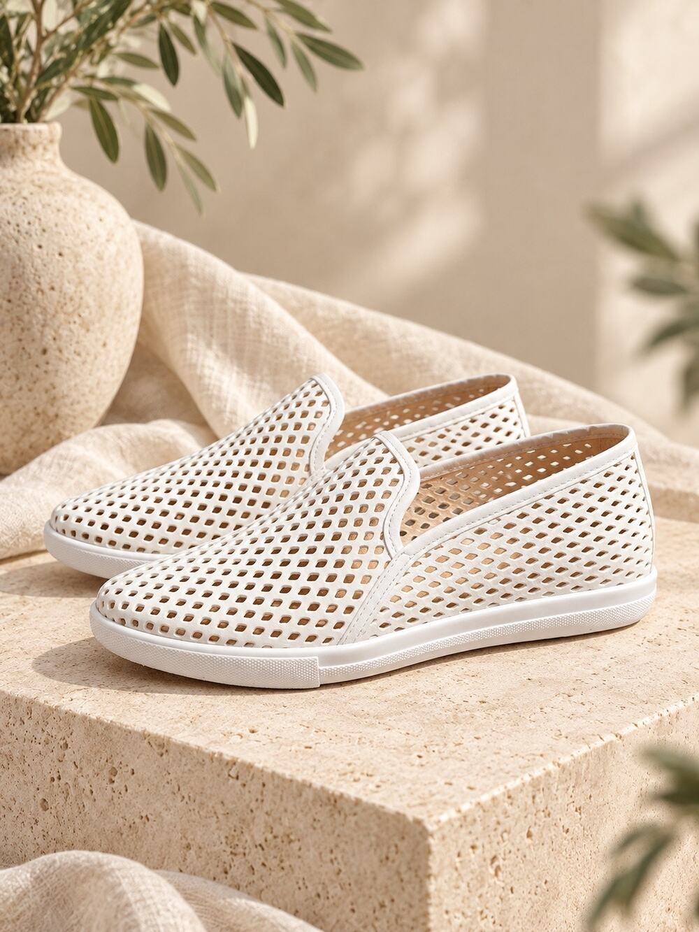 Jibs Slim Soft White Perforated Leather Slip On Sneakers Womens 8 EU 39